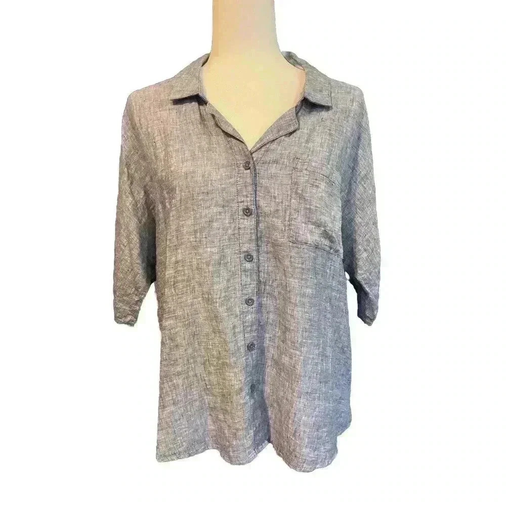 Garnet Hill 100% Linen Short Sleeve Button Up Shirt Top Blue Pocket 14 Large L